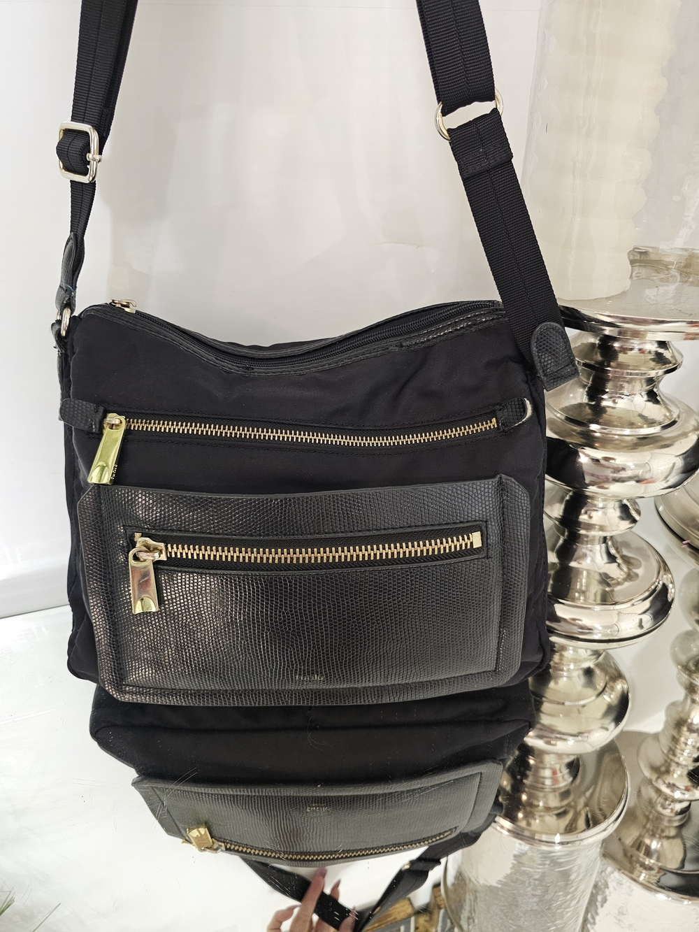 Tutilo Black Textured Leather Crossbody with Gold Logo